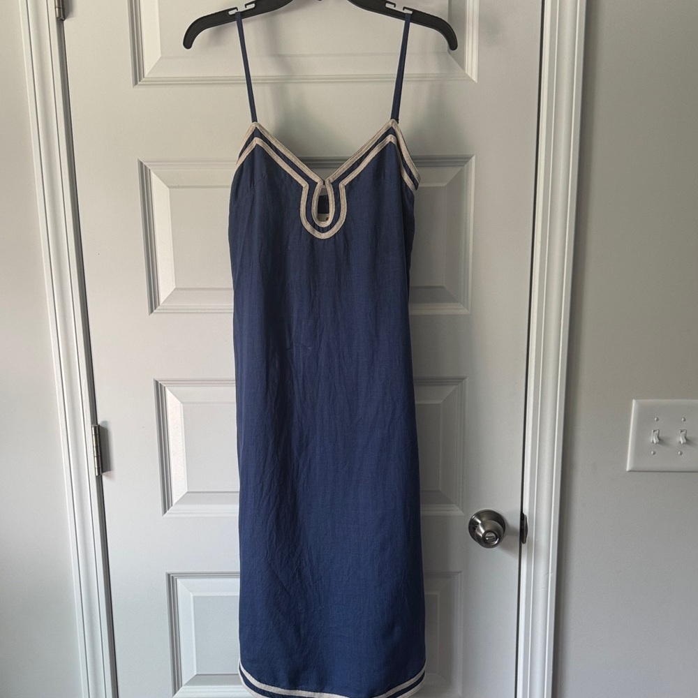 Hannah Navy Blue Midi Dress with Cream Trim